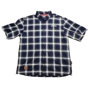 Indian Motorcycle XL Navy Plaid Short Sleeve Button Up Shirt Embroidered Logo